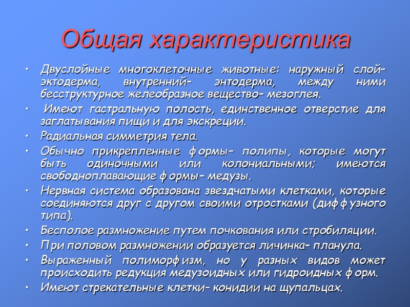 Общая характеристика Двуслойные многоклеточные животные: наружный слой– эктодерма, внутренний– энтодерма, между ними бесструктурное желеобразное